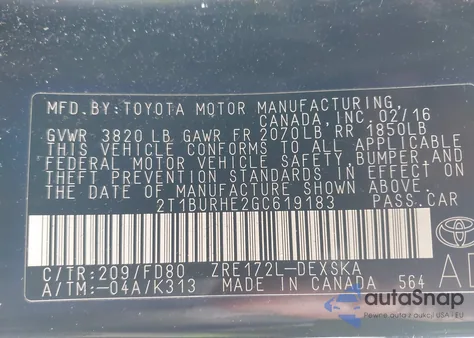 2016 Toyota Corolla S Plus from USA, damaged, VIN 2T1BURHE2GC619183